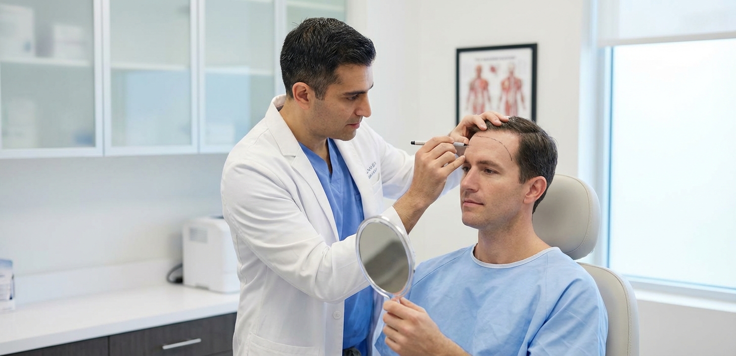 Specialist Planning a Patient's New Hairline Hair Transplant Before and After the initial consultation where a specialist designs a new hairline.