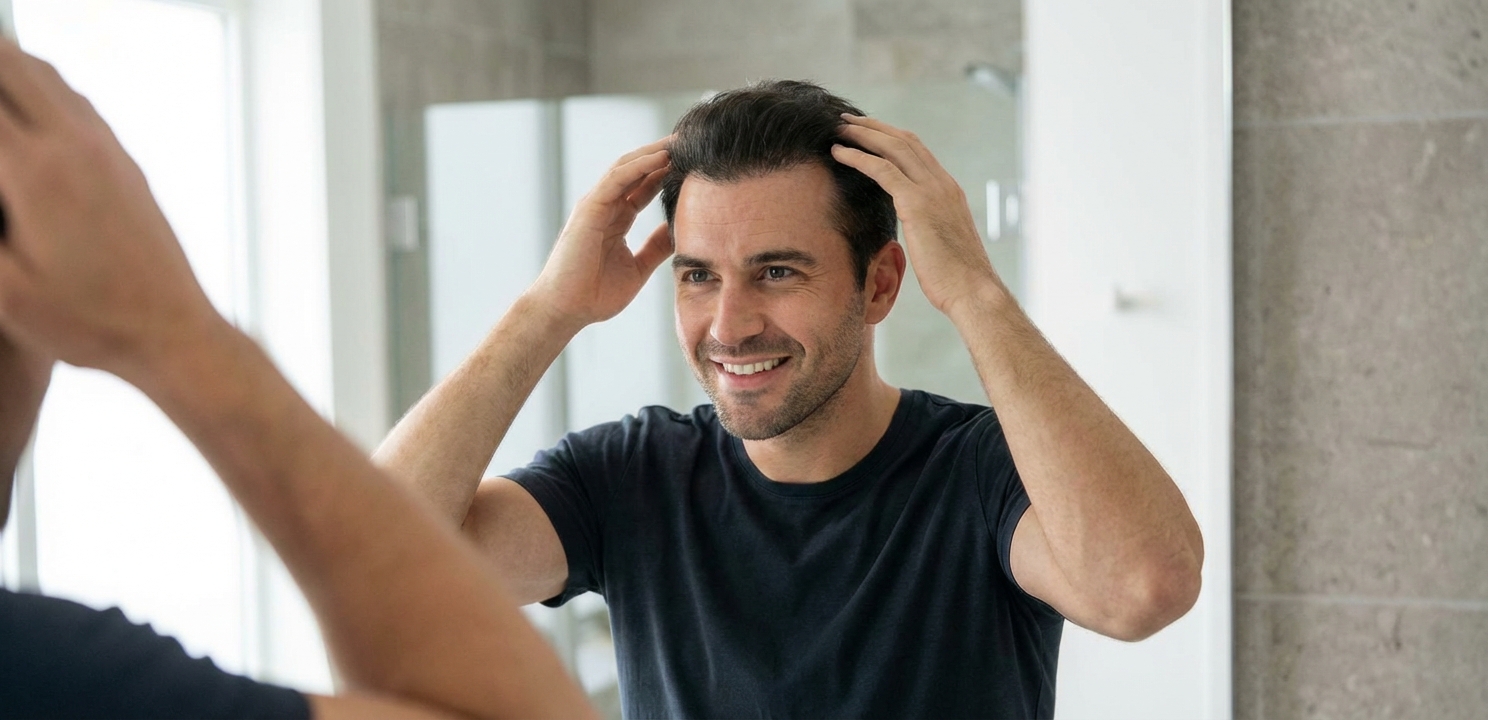 Confident Man Styling Thicker Transplanted Hair Hair Transplant Recovery Timeline showing the significant transformation phase with noticeable new hair growth