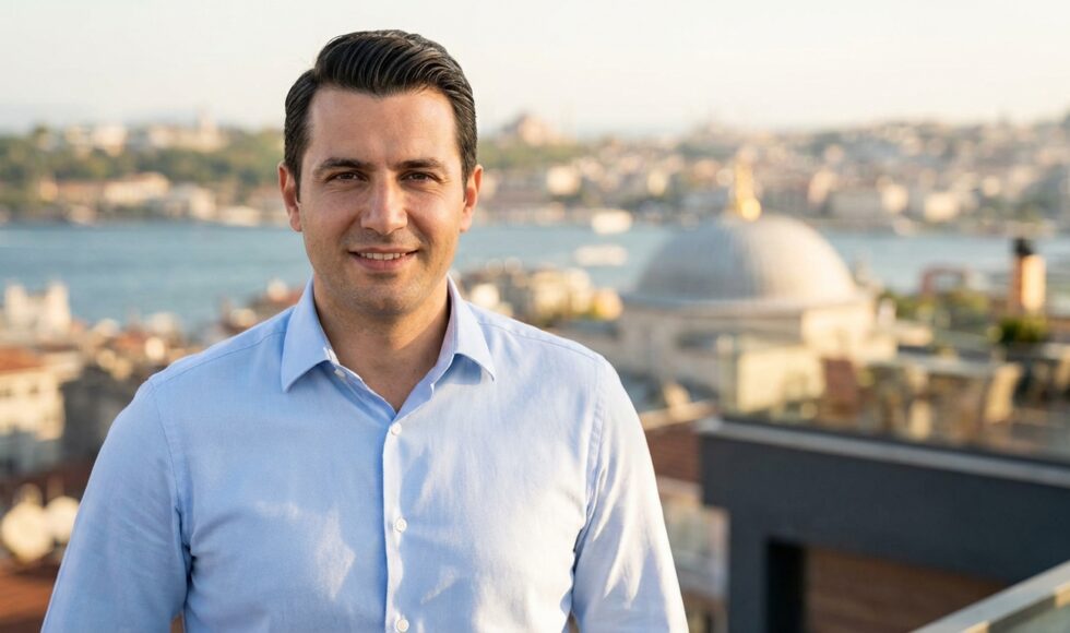 Photorealistic image of a confident, handsome man in his 30s with perfect hair, smiling reassuringly in front of a blurred, sunny background of Istanbul, Turkey.