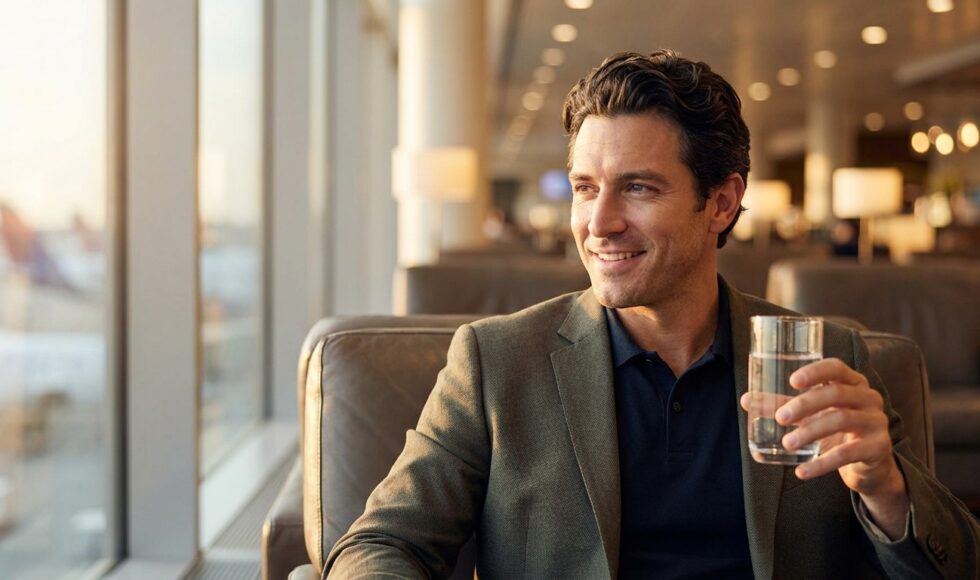 A photorealistic image of a stylish man in his mid-30s with a full head of hair, relaxing in a blurry, modern airport VIP lounge. He looks confident and healthy, embodying a successful recovery.