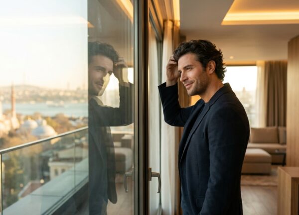 A stylish man in his late 30s with a full head of hair smiles at his reflection in a large window. The blurred background shows a sunny, scenic view of Istanbul, Turkey.