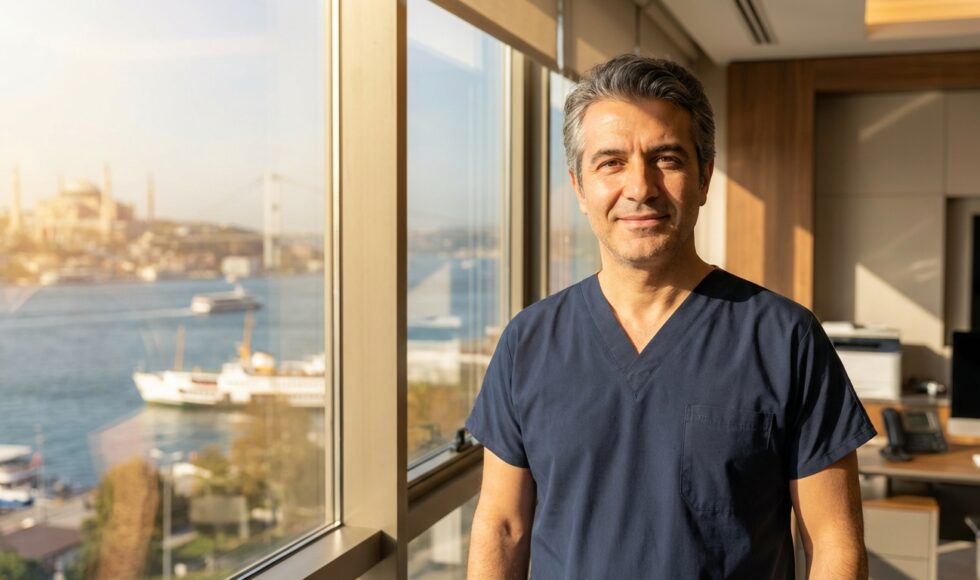 A professional and friendly male doctor in medical scrubs stands in a modern clinic office with a blurred, sunny view of Istanbul, Turkey, in the background.
