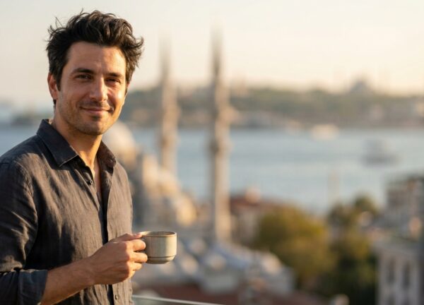 A happy, stylish man with great hair stands on a sunny balcony overlooking a blurred cityscape of Istanbul, holding a coffee mug and smiling.