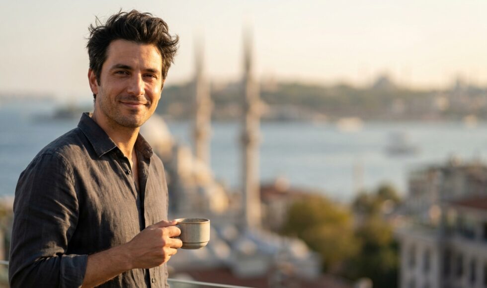 A happy, stylish man with great hair stands on a sunny balcony overlooking a blurred cityscape of Istanbul, holding a coffee mug and smiling.