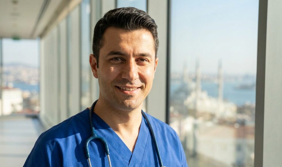 A confident male doctor in blue scrubs smiles reassuringly inside a modern clinic, with a blurred, sunny view of Istanbul visible through the window behind him.