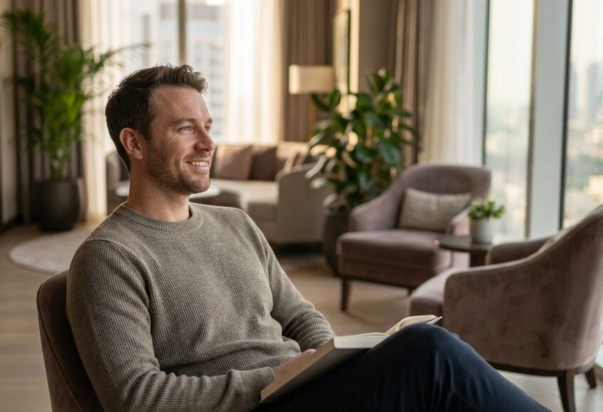 A confident man in his late 30s relaxes in a bright, luxurious hotel room, looking healthy and comfortable during his post-surgery recovery period. The background is softly blurred.