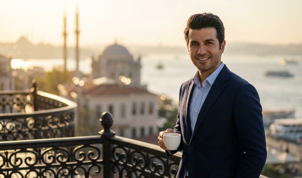 A handsome, well-dressed man in his 30s with a full head of hair smiles confidently on a sunny hotel balcony overlooking a blurred, iconic view of Istanbul's Bosphorus.