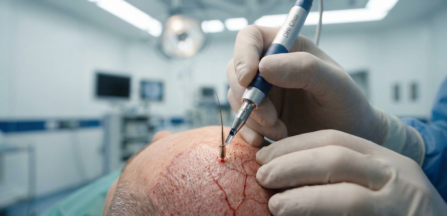 Close-up of DHI Hair Implantation Tool Hair Transplant Cost Per Graft is often determined by the advanced surgical technique used.