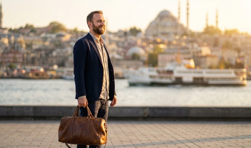 A happy, stylish man in his late 30s stands with his luggage against a blurred, sunny backdrop of the Istanbul skyline, looking confident after his medical journey.