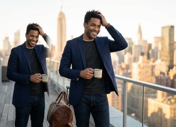 A happy, well-dressed man in his late 30s with a full head of hair stands on a sunny balcony with his suitcase, looking confidently out over a blurred background of the New York City skyline.