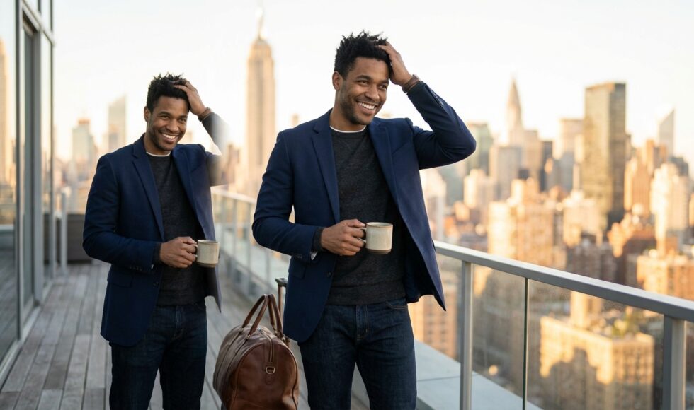 A happy, well-dressed man in his late 30s with a full head of hair stands on a sunny balcony with his suitcase, looking confidently out over a blurred background of the New York City skyline.