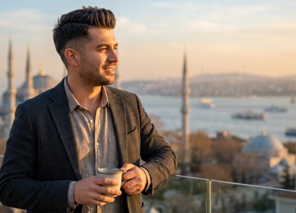 A handsome, happy man in his mid-30s with great hair, holding a coffee on a hotel balcony. In the blurred background is the sunny, iconic skyline of Istanbul, Turkey. The mood is confident and relaxed.