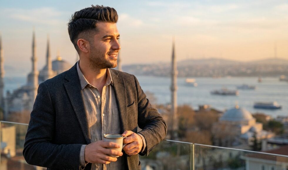 A handsome, happy man in his mid-30s with great hair, holding a coffee on a hotel balcony. In the blurred background is the sunny, iconic skyline of Istanbul, Turkey. The mood is confident and relaxed.
